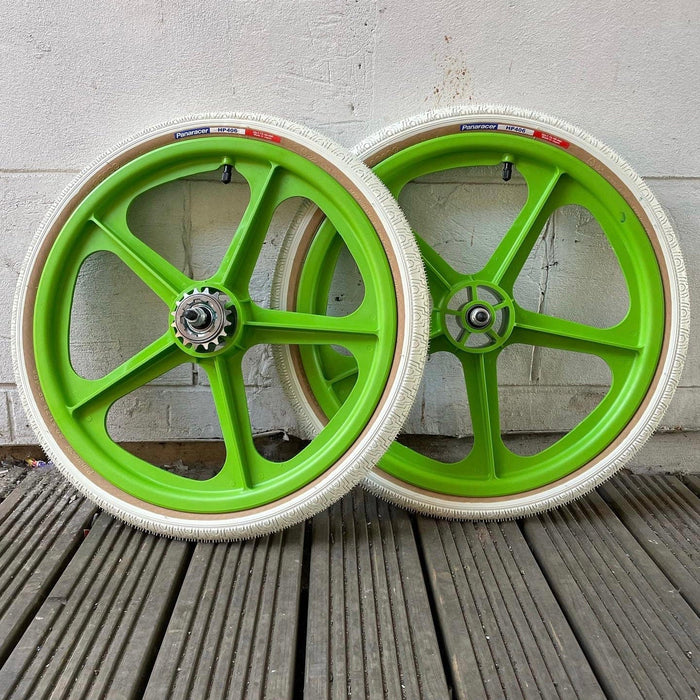 Skyway Old School BMX GREEN Wheels with WHITE Tyres Skyway Tuff Wheels with fitted Panaracer HP406 Tyres and Freewheel Pair