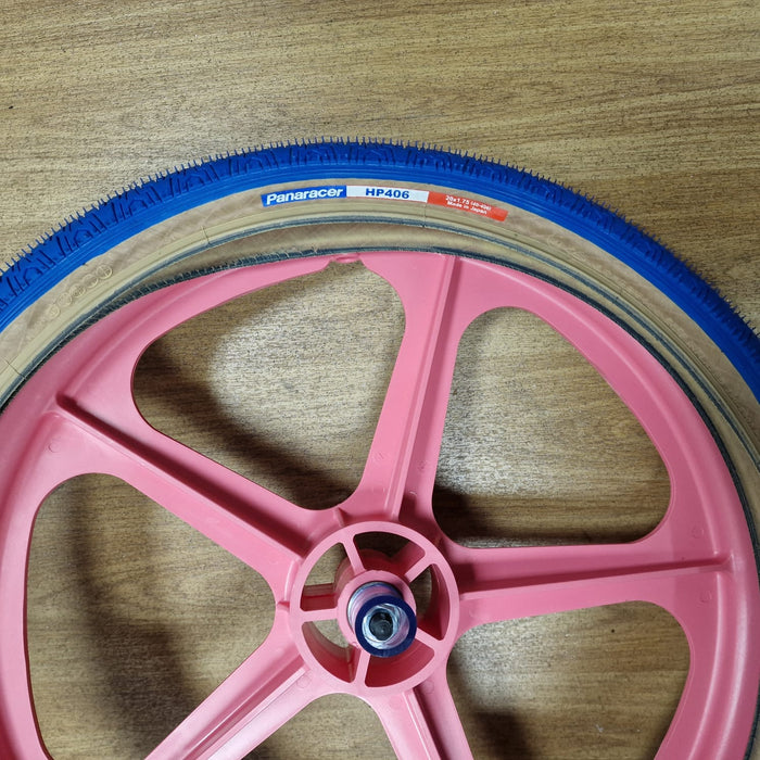 Skyway Old School BMX PINK Wheels with BLUE Tyres Skyway Tuff Wheels with fitted Panaracer HP406 Tyres and Freewheel Pair