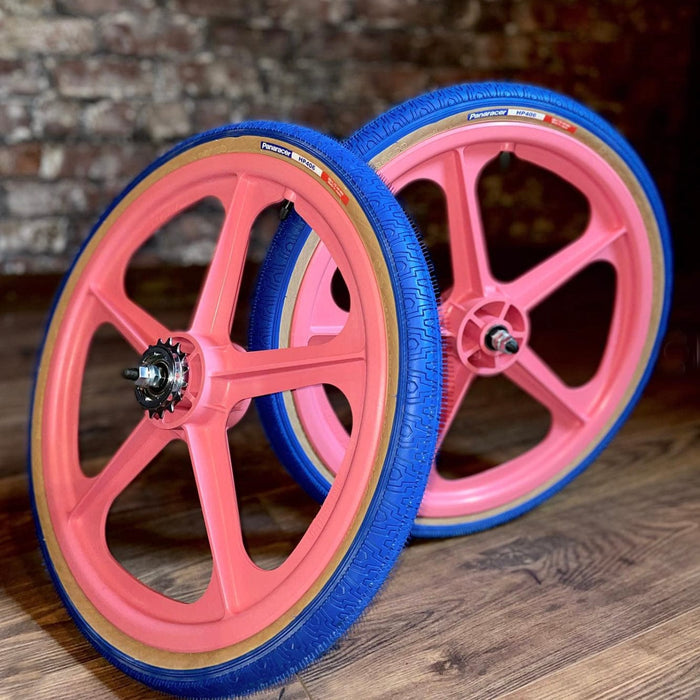Skyway Old School BMX PINK Wheels with BLUE Tyres Skyway Tuff Wheels with fitted Panaracer HP406 Tyres and Freewheel Pair