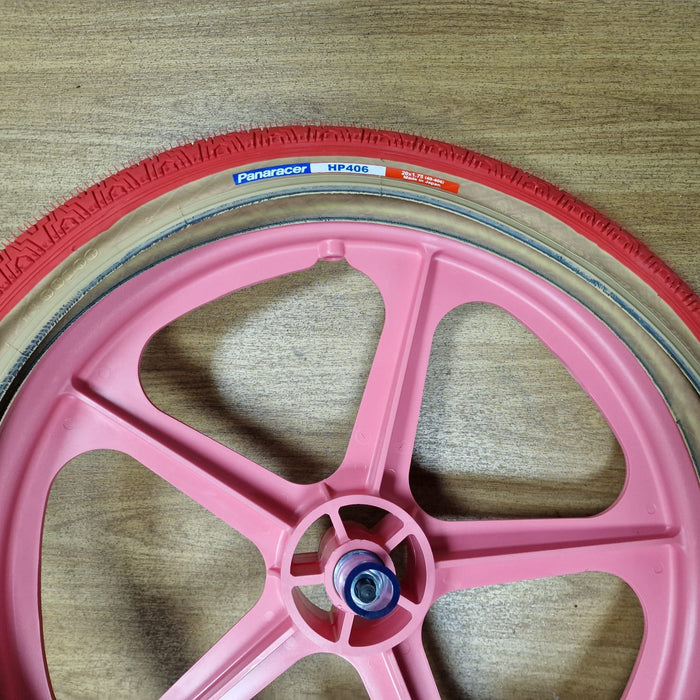 Skyway Old School BMX PINK Wheels with RED Tyres Skyway Tuff Wheels with fitted Panaracer HP406 Tyres and Freewheel Pair