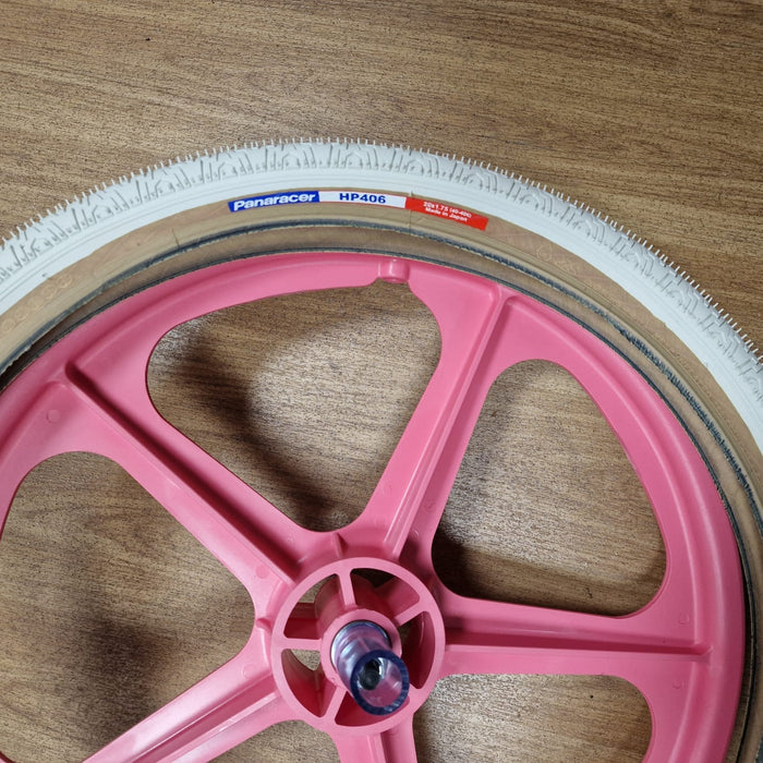 Skyway Old School BMX PINK Wheels with WHITE Tyres Skyway Tuff Wheels with fitted Panaracer HP406 Tyres and Freewheel Pair