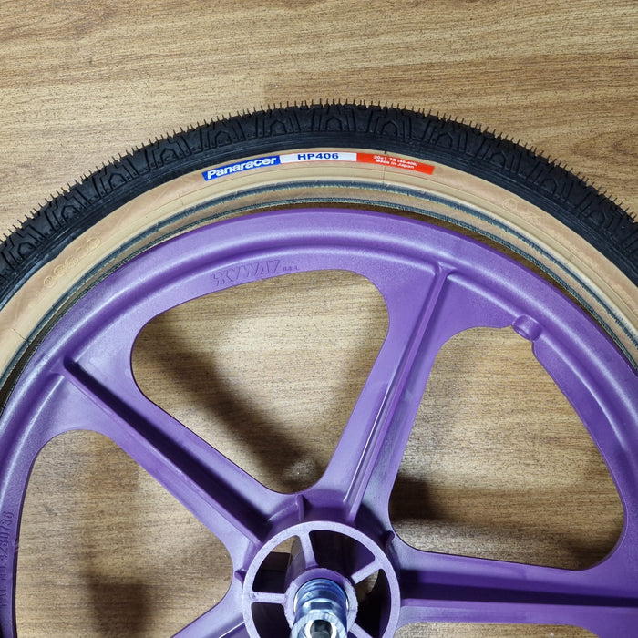 Skyway Old School BMX PURPLE Wheels with BLACK Tyres Skyway Tuff Wheels with fitted Panaracer HP406 Tyres and Freewheel Pair