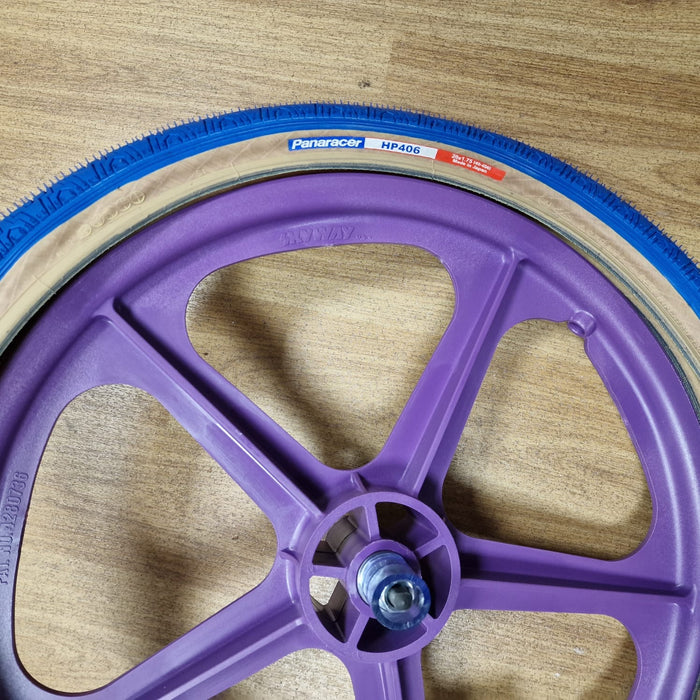 Skyway Old School BMX PURPLE Wheels with BLUE Tyres Skyway Tuff Wheels with fitted Panaracer HP406 Tyres and Freewheel Pair