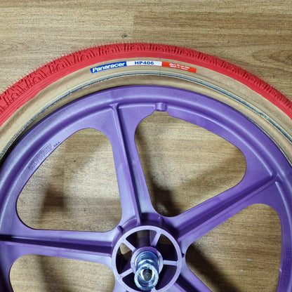 Skyway Old School BMX PURPLE Wheels with RED Tyres Skyway Tuff Wheels with fitted Panaracer HP406 Tyres and Freewheel Pair