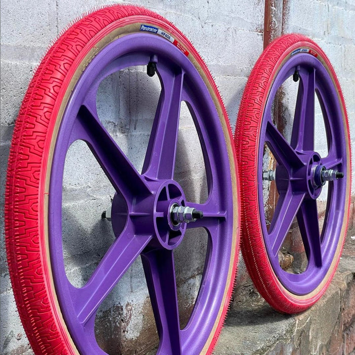 Skyway Old School BMX PURPLE Wheels with RED Tyres Skyway Tuff Wheels with fitted Panaracer HP406 Tyres and Freewheel Pair