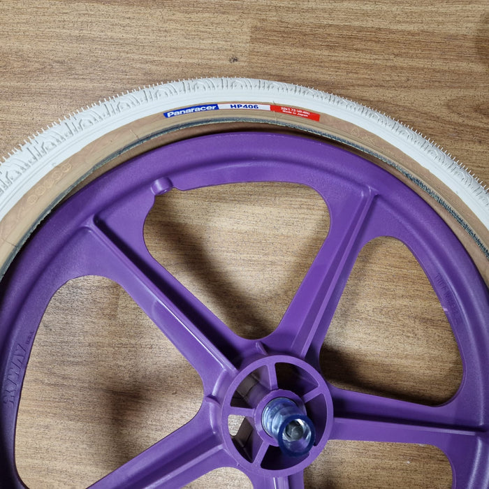 Skyway Old School BMX PURPLE Wheels with WHITE Tyres Skyway Tuff Wheels with fitted Panaracer HP406 Tyres and Freewheel Pair