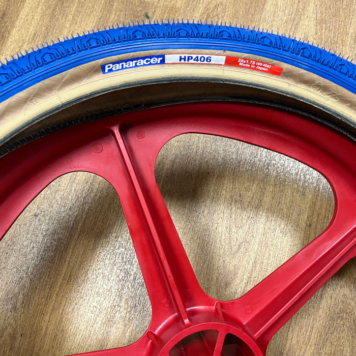 Skyway Old School BMX RED Wheels with BLUE Tyres Skyway Tuff Wheels with fitted Panaracer HP406 Tyres and Freewheel Pair