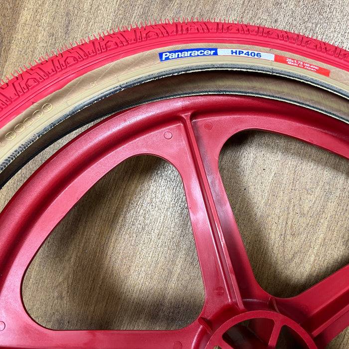 Skyway Old School BMX RED Wheels with RED Tyres Skyway Tuff Wheels with fitted Panaracer HP406 Tyres and Freewheel Pair