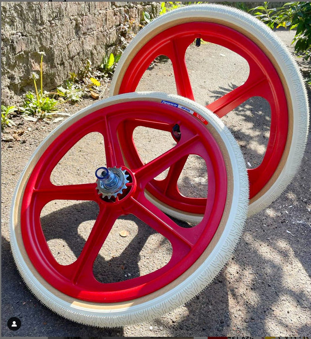 Skyway Old School BMX RED Wheels with WHITE Tyres Skyway Tuff Wheels with fitted Panaracer HP406 Tyres and Freewheel Pair