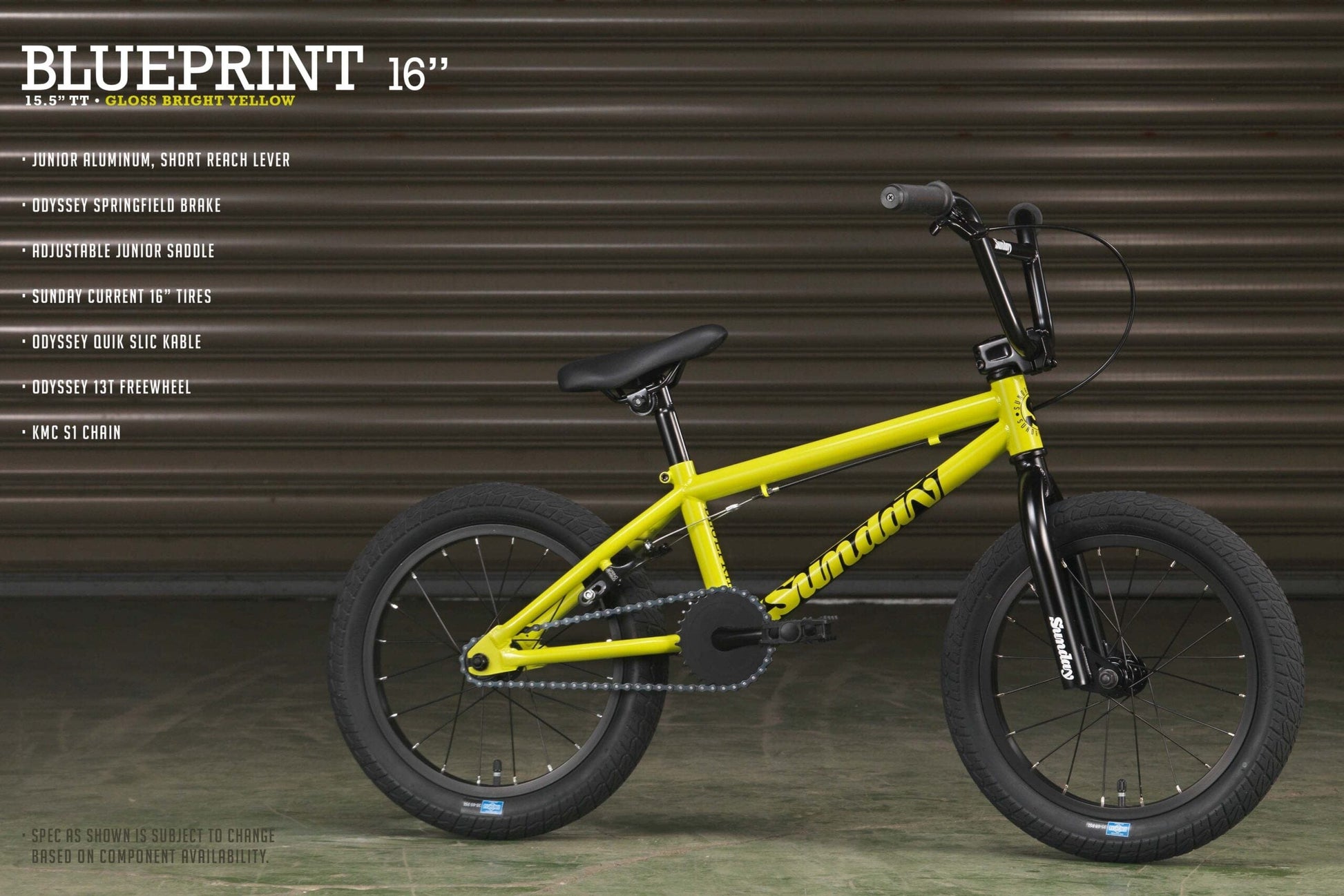 Sunday Bikes BMX Bike Gloss Bright Yellow Sunday Bikes 2023 Blueprint 16 Inch BMX Bike Gloss Bright Yellow