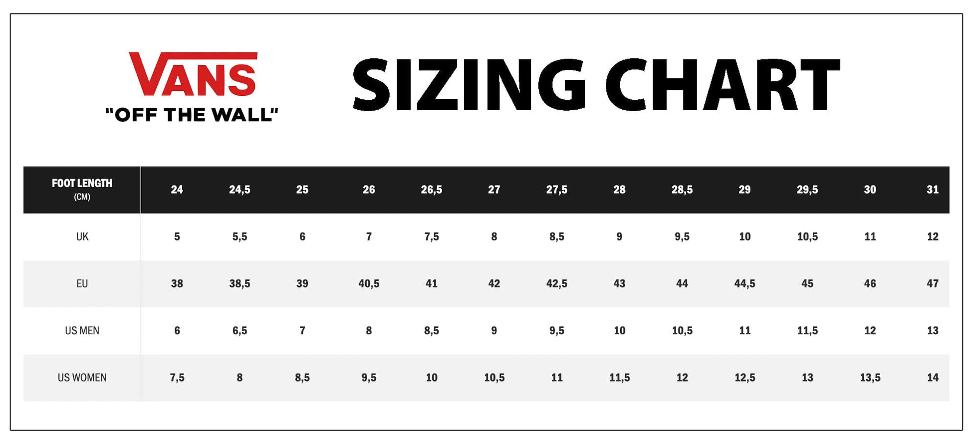 Shoe Size Chart Vans Us In Cm Women's Shoe Size Size Us Vans